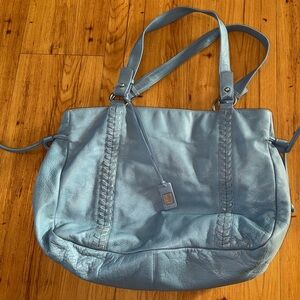 Lauren Ralph Lauren Blue Leather Shoulder Tote with Braided Detail